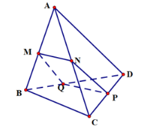 Cho tứ diện \(ABCD\) và điểm \(M\) thuộc cạnh \(AB\). Gọi \(\left( \alpha  \right)\) là mặt phẳng qua \(M\), song song với hai đường thẳng \(BC\) và \(AD\). Gọi \(N,P,Q\) lần lượt là giao đi (ảnh 1)