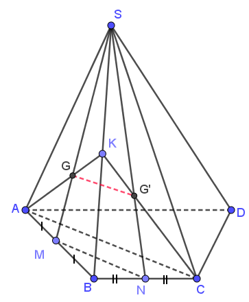 Cho hình chóp tứ giác \(SABCD.\) Gọi \(G,G'\) lần lượt là trọng tâm của các tam giác \(SAB,\,\,SBC.\) Khẳng định nào sau đây đúng? (ảnh 1)