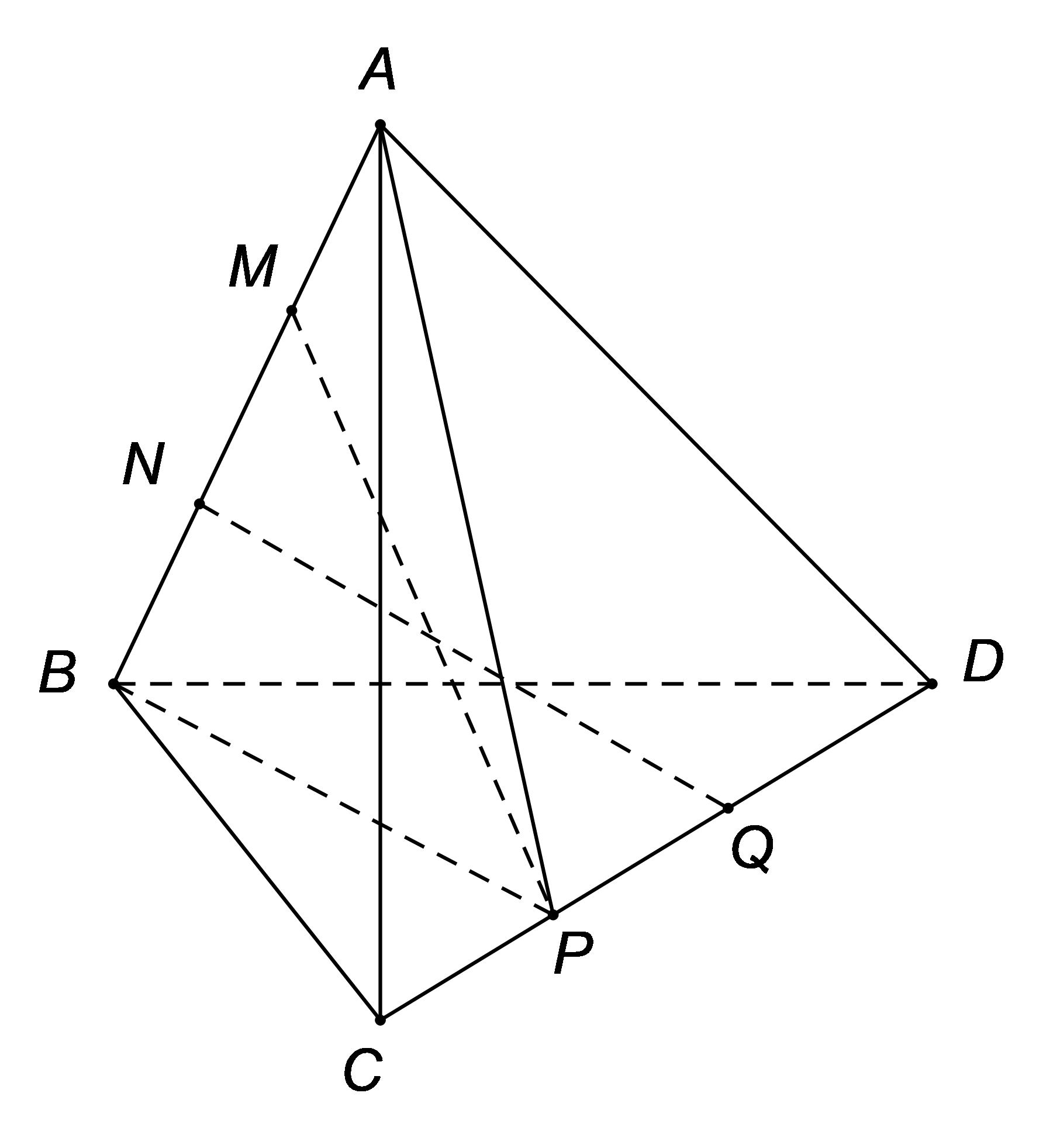 Cho tứ diện \(ABCD\). Gọi \(M,\,\,N\) là hai điểm phân biệt cùng thuộc đường thẳng \(AB\); \(P\,,\,\,Q\) là hai điểm phân biệt cùng thuộc đườn (ảnh 1)