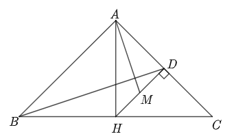 (1 điểm) Cho tam giác \(ABC\) cân tại \(A\), \(H\) là trung điểm của \(BC\) và \(D\) là hình chiếu của \(H\) lên \(AC\), \(M\) là trung điểm của \(HD\). Chứng minh \[AM \bot BD\].  (ảnh 1)