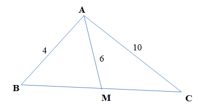 (1,0 điểm) Cho tam giác \(ABC\) có \(AB = 4\), \(AC = 10\) và đường trung tuyến \(AM = 6\). Tính độ dài cạnh \(BC\) và diện tích tam giác \(ABC\). (ảnh 1)