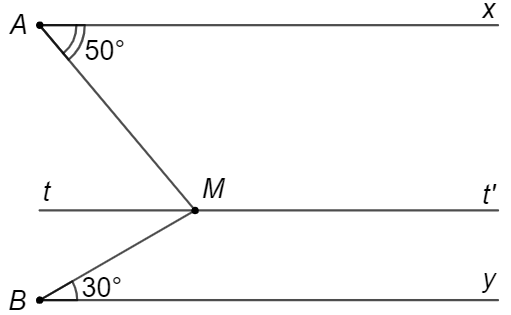 (1,0 điểm) Cho hình vẽ dưới đây. Biết hai đường thẳng \(Ax\) và \(By\) song song với nhau. Tính số đo của góc \(\widehat {AMB}\). (ảnh 1)