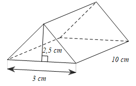 Một lăng kính thủy tinh có dạng hình lăng trụ đứng có đáy là tam giác đều, kích thước như bình bên.  a) Tính thể tích của lăng kính thủy tinh đó. (ảnh 1)