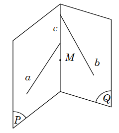 Cho hai đường thẳng chéo nhau \(a,\,\,b\) và điểm \(M\) ở ngoài \(a\) và ngoài \(b\). Có nhiều nhất bao nhiêu đường thẳng qua \(M\) cắt cả \(a\) và \(b\)? A. \(1\). B. \(2\). C. \(0\). D. Vô số. (ảnh 1)
