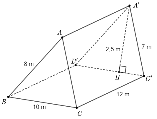 Trong một chuyến đi dã ngoại bạn Tùng đã dựng một lều trại có dạng hình lăng trụ đứng tam giác với các kích thước như hình vẽ. Tính diện tích vải mà bạn Tùng cần để bao kín toàn bộ lều trại đó (phần nền của lều trại cũng được phủ bằng vải). (ảnh 1)