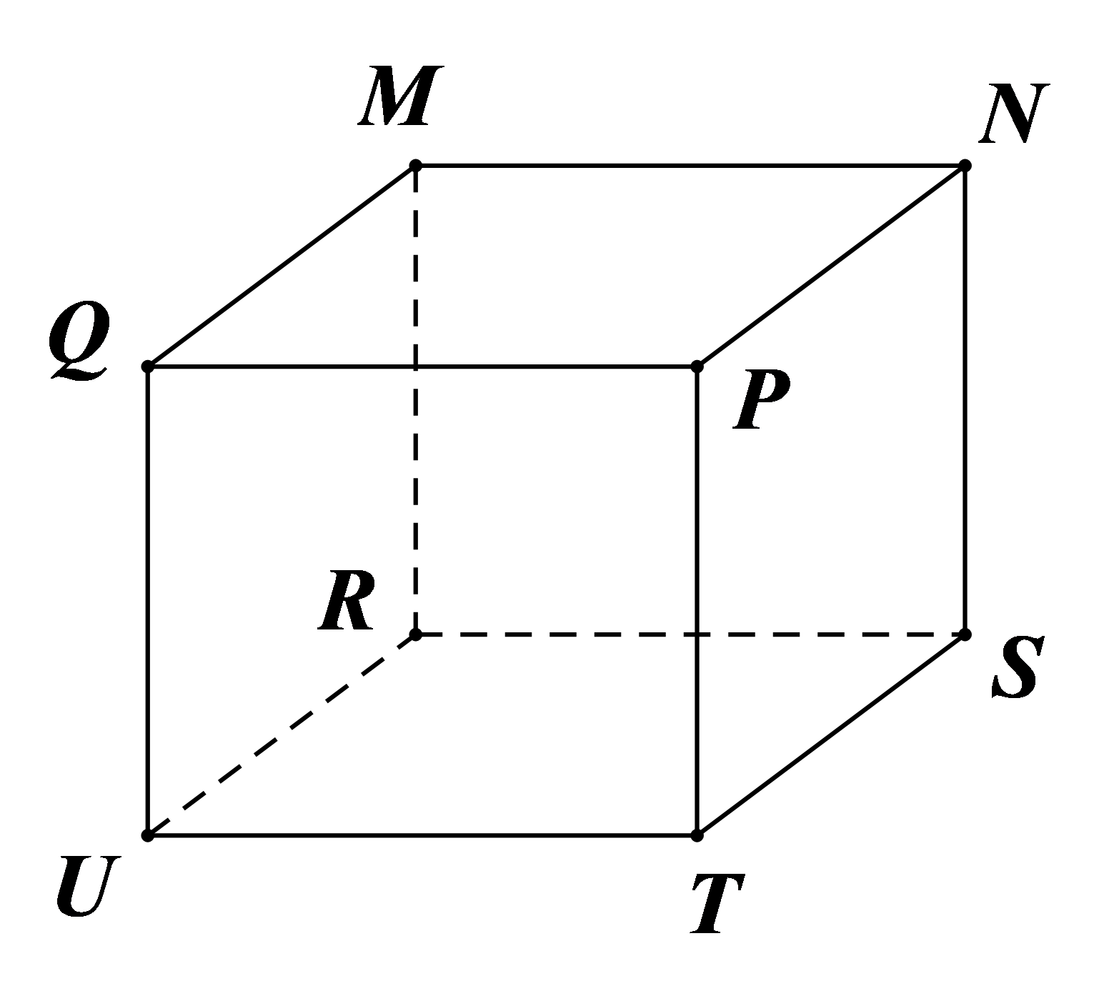 Cho hình hộp chữ nhật MNPQ.\,RSTU như hình vẽ bên. Khi đó hình hộp chữ nhật MNPQ.\,RSTU có một đường chéo là (ảnh 1)