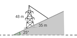 Một tháp viễn thông cao 48 m được dựng thẳng đứng trên một sườn dốc 25 độ so với phương ngang. Từ đỉnh tháp, người ta neo một sợi dây cáp xuống một điểm trên sườn dốc cách chân tháp 35 m như hình dưới. Tính chiều dài của sợi dây cáp đó. (ảnh 1)