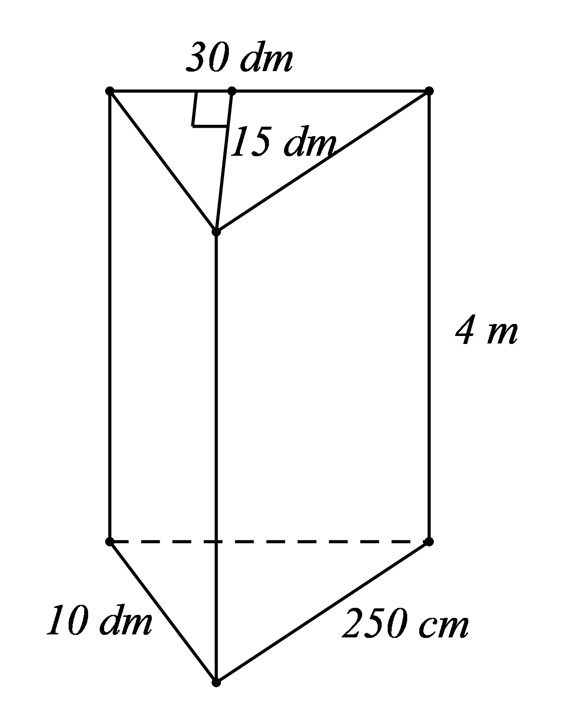 a) Cho hình lăng trụ đứng tam giác có các kích thước như hình vẽ. Tính diện tích xung quanh và thể tích của hình lăng trụ đó. (ảnh 1)