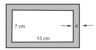 Hà dự định làm một khung ảnh hình chữ nhật sao cho phần trong của khung là hình chữ nhật có kích thước 7 cm × 13 cm, độ rộng viền xung quanh là x cm (như hình vẽ). Diện tích của viền khung ảnh không vượt quá 44 cm2. (ảnh 1)
