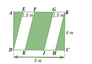 Trên mảnh đất hình chữ nhật có chiều dài (8m), chiều rộng (6 m), người ta chia phân khu vực để trồng hoa, trồng cỏ như hình bên. Hoa sẽ được trồng ở khu vực hình bình hành EFKD và GBHI, cỏ sẽ được trồng ở các phần đất còn lại. (ảnh 1)