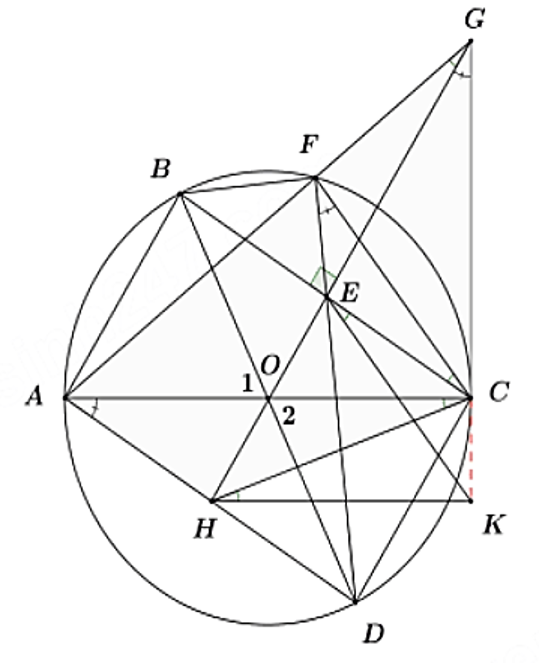 Cho đường tròn (O)có hai đường kính (AC,BD) A khác \(B,\,\,D\)). Trên đoạn thẳng BC lấy điểm E ,E khác B đường thẳng (ED) cắt đường tròn (O) tại điểm thứ hai là (F). (ảnh 1)