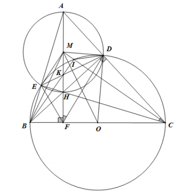 Cho tam giác ABC,( AB < AC) có ba góc nhọn. Đường tròn tâm O đường kính (BC) cắt các cạnh (AC,AB) lần lượt tại (D,E). (ảnh 1)
