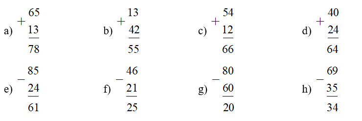 Đặt tính rồi tính a) 65 + 13 b) 13 + 42 c) 54 + 12 d) 40 + 24 (ảnh 1)