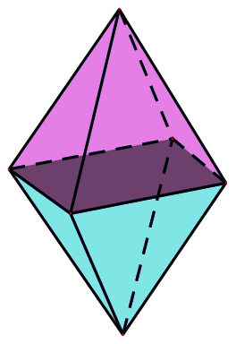 Bạn Hà làm một cái lòng đèn hình quả trám (như hình bên) là hình ghép từ hai hình chóp tứ giác đều có cạnh đáy 20 cm, cạnh bên 32 cm, khoảng cách giữa hai đỉnh của hai hình chóp là 30 cm. (ảnh 1)