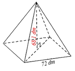 Cho hình chóp tứ giác đều có độ dài cạnh đáy là 72 dm chiều cao là 68,1 dm (như hình bên). Thể tích của hình chóp tứ giác đều là (ảnh 1)