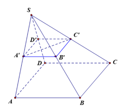 Cho hình chóp S . A B C D có đáy là một hình bình hành. Gọi A ′ , B ′ , C ′ , D ′ lần lượt là trung điểm của các cạnh S A , S B , S C , S D . Tìm mệnh đề đúng trong các mệnh đề sau. (ảnh 1)