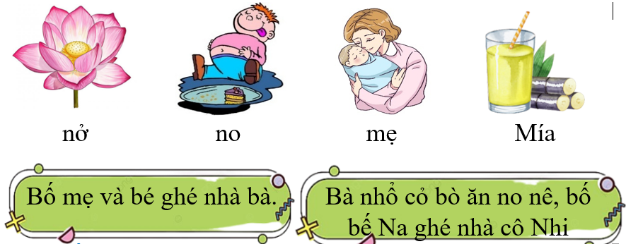 Tập đọc Bố mẹ và bé ghé nhà bà.   Bà nhổ cỏ bò ăn no nê, bố bế Na ghé nhà cô Nhi  (ảnh 1)