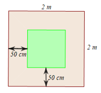 Một bồn hoa có dạng hình vuông có độ dài cạnh là (2m). Để làm lối đi quanh bồn hoa, người ta thu nhỏ bồn hoa vẫn có dạng hình vuông nhưng độ dài cạnh giảm đi (50cm). (ảnh 1)