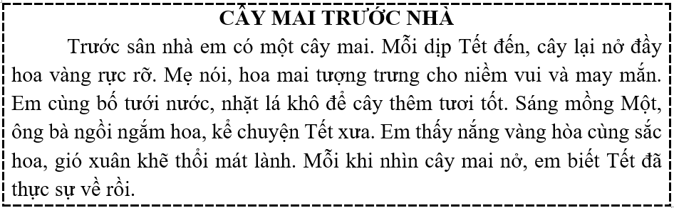 Đọc  Câu hỏi:  a) Hoa mai có màu gì?  b) Hoa mai tượng trưng cho điều gì? (ảnh 1)