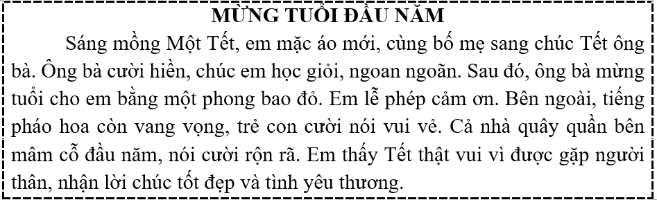 Đọc  Câu hỏi:  a) Em làm gì vào sáng mồng Một Tết?  b) Ông bà chúc em điều gì? (ảnh 1)
