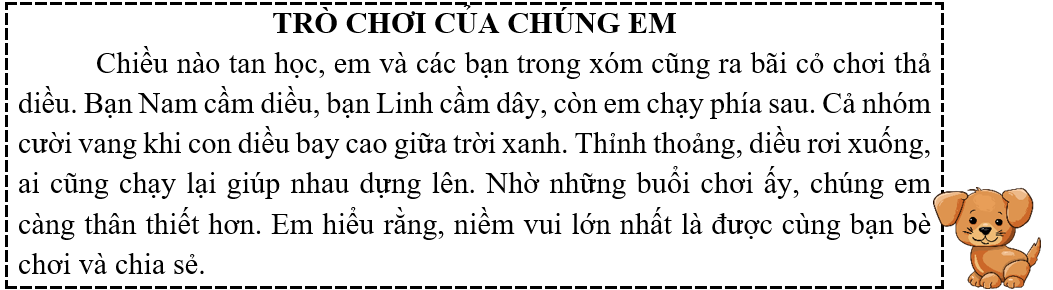 Tập đọc   Câu hỏi:  a) Các bạn chơi trò gì sau giờ học?  b) Khi diều rơi xuống, các bạn làm gì? (ảnh 1)