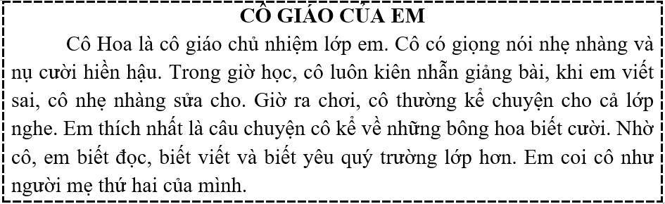 Tập đọc  Câu hỏi:  a) Cô giáo của em tên là gì?  b) Vì sao em coi cô như mẹ thứ hai? (ảnh 1)