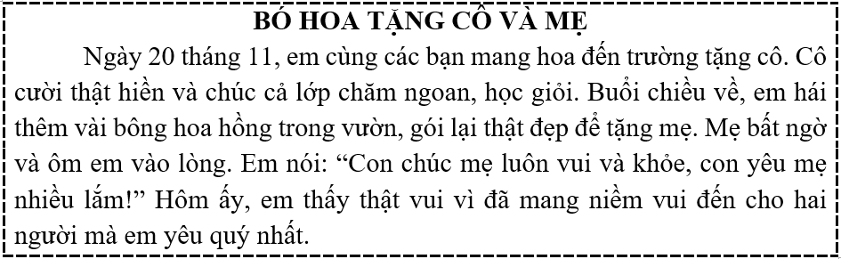 Tập đọc  Câu hỏi:  a) Em tặng hoa cho ai trong ngày 20 tháng 11?  b) Khi nhận hoa, mẹ đã làm gì? (ảnh 1)