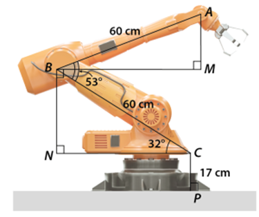 Cánh tay robot đặt trên mặt đất và có vị trí như hình vẽ bên. Tính độ cao của điểm \(A\) trên đầu cánh tay robot so với mặt đất (làm tròn kết quả đến hàng phần mười của cm). (ảnh 1)