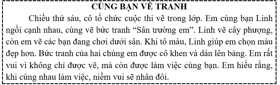 Tập đọc  Câu hỏi:  a) Em và bạn Linh vẽ bức tranh gì?  b) Bức tranh của hai bạn được cô làm gì? (ảnh 1)