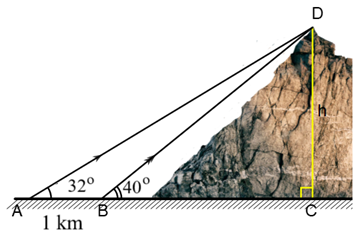 Tại hai điểm cách nhau \[1\,\,{\rm{km}}\] trên mặt đất người ta nhìn thấy đỉnh núi với góc nâng lần lượt là \[40^\circ \] và \[32^\circ \] \((A,\,\,B,\,\,C\) thẳng hàng)  (như hình vẽ). (ảnh 1)