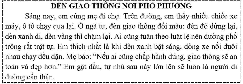 Tập đọc  Câu hỏi:  a) Khi đèn đỏ bật sáng, người đi đường phải làm gì?  b) Mẹ dặn em điều gì? (ảnh 1)