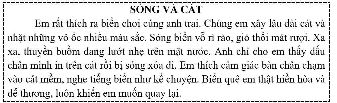 Tập đọc  Câu hỏi:  a) Em và anh trai chơi trò gì trên bãi biển?  b) Dấu chân trên cát biến mất vì sao? (ảnh 1)