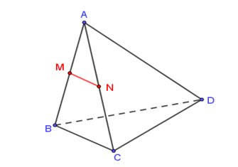 Cho tứ diện ABCD có M,N lần lượt là trung điểm của AB,AC (ảnh 1)