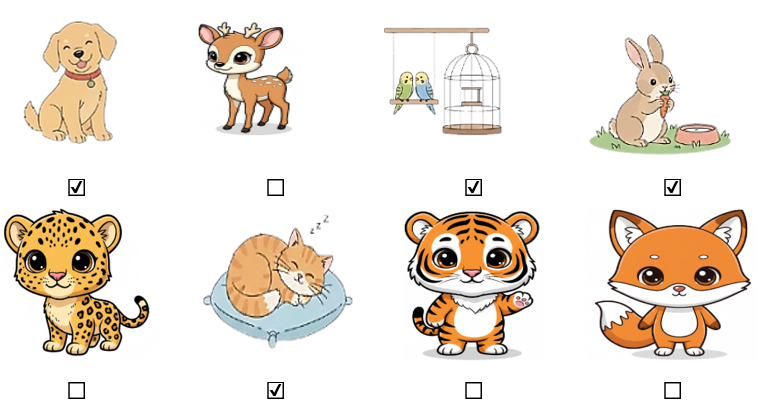 d) Em hãy đánh dấu ☑ vào bức tranh có những con vật nuôi trong nhà. (ảnh 2)