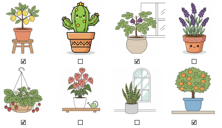 d) Em hãy đánh dấu ☑ vào bức tranh có những loại cây ăn quả. (ảnh 2)