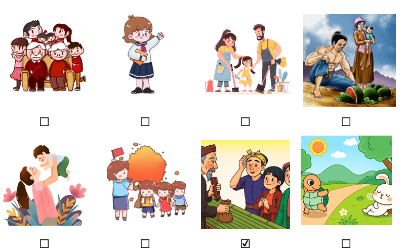 d) Hãy đánh dấu ☑ vào bức tranh có nhân vật trong truyện “Bó đũa”. (ảnh 2)