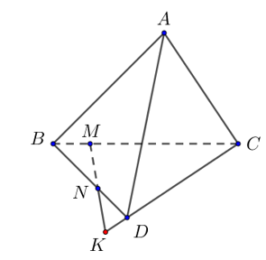 Cho tứ diện ABCD có M,N lần lượt là các điểm thuộc cạnh BC và BD sao cho MN không song song (ảnh 1)