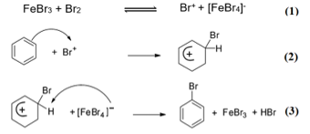 Benzene tác dụng với bromine khi có mặt xúc tác: C6H6+Br2->C6H5-Br+HBr (*) Phản ứng xảy ra các giai đoạn sau:Phát biểu nào sau đây đúng? (ảnh 1)