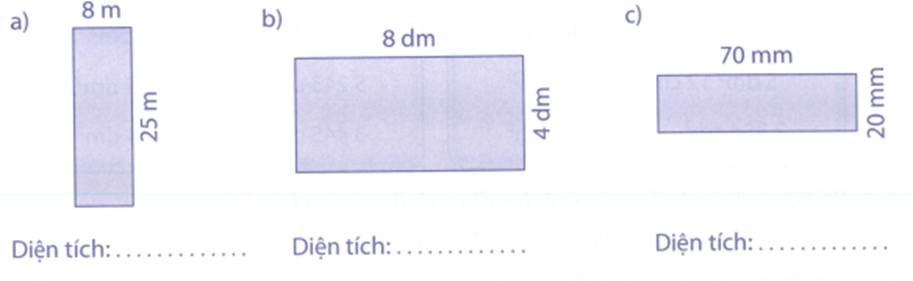 Tính diện tích mỗi hình chữ nhật sau rồi viết kết quả vào chỗ chấm: (ảnh 1)