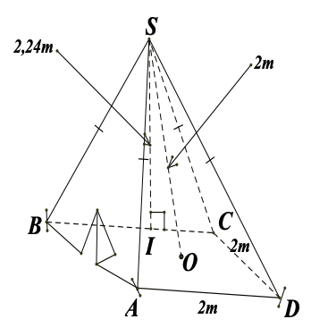 Hình bên là một cái lều ở một trại hè của học sinh tham gia cắm trại có dạng hình chóp tứ giác đều theo các kích thước như hình vẽ. (ảnh 1)