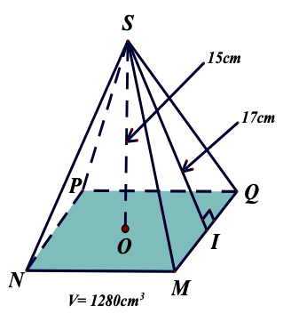 Cho hình chóp tứ giác đều [S.MNPQ] như hình vẽ bên có chiều cao  (ảnh 1)