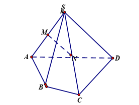 Cho hình chóp tứ giác S.ABCD. Gọi M,N lần lượt là trung điểm của SA và SC. (ảnh 1)