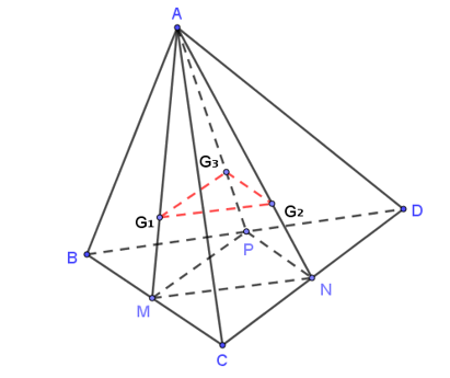 Cho tứ diện ABCD, gọi g1, g2, g3 theo thứ tự là trọng tâm các tam giác ABC,\,ACD, ABD (ảnh 1)