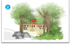 Bức tranh dưới đây tương ứng với câu thơ nào:   A. Trường của em be bé (ảnh 1)