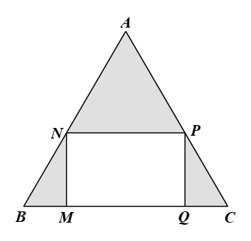 Cho tam giác đều \(ABC\) có cạnh bằng \(20{\rm{\;cm}}\). Người ta cắt ở ba góc của tấm nhôm đó ba tam giác (hình vẽ) để được hình chữ nhật \(MNPQ.\) Tìm độ dài đoạn \(MB\) để hình chữ nhật \(MNPQ\) có diện tích lớn nhất. (ảnh 1)