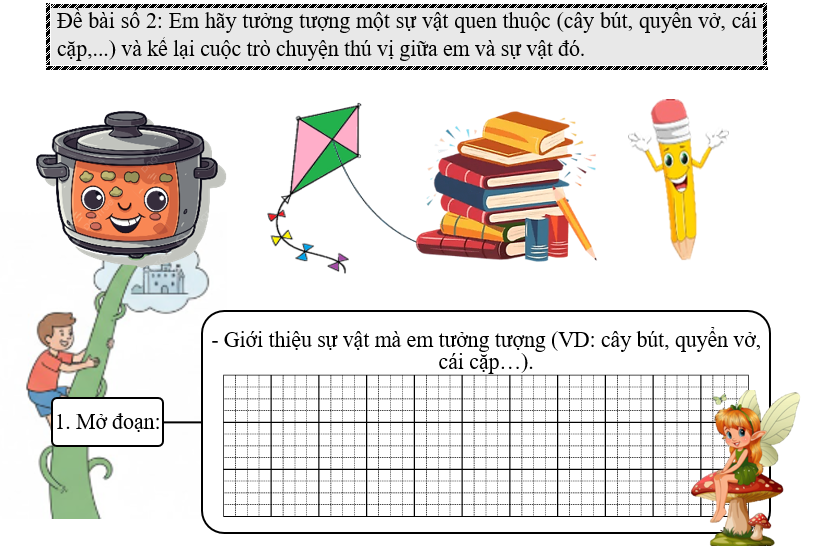 Đề bài số 2: Em hãy tưởng tượng một sự vật quen thuộc (cây bút, quyển vở, cái cặp,...) và kể lại cuộc trò chuyện thú vị giữa em và sự vật đó. (ảnh 1)