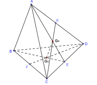 Cho tứ diện ABCD. Gọi g1 và g2 lần lượt là trọng tâm tam giác BCD (ảnh 1)