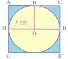 Viết phép tính thích hợp. Hình tròn tâm O có bán kính là 6 dm (như hình vẽ). Độ dài của đường gấp khúc HOBC là: (ảnh 1)