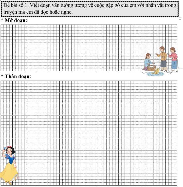 Đề bài số 1: Viết đoạn văn tưởng tượng về cuộc gặp gỡ của em với nhân vật trong truyện mà em đã đọc hoặc nghe. (ảnh 1)