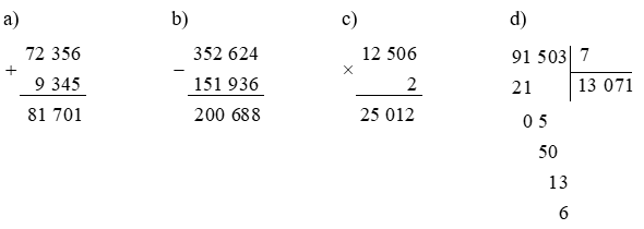 Đặt tính rồi tính  a) 72 356 + 9 345 b) 352 624 – 151 936 c) 12 506 × 2 d) 91 503 : 7 (ảnh 1)